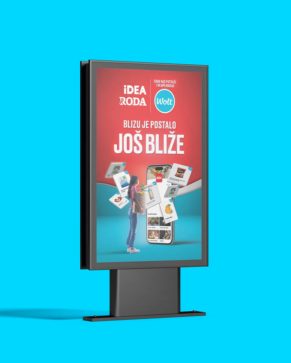 City light sa ključnim vizualom Blizu je postalo još bliže, kao reklama za Wolt dostavu iz IDEA, Roda i Mercator prodavnica