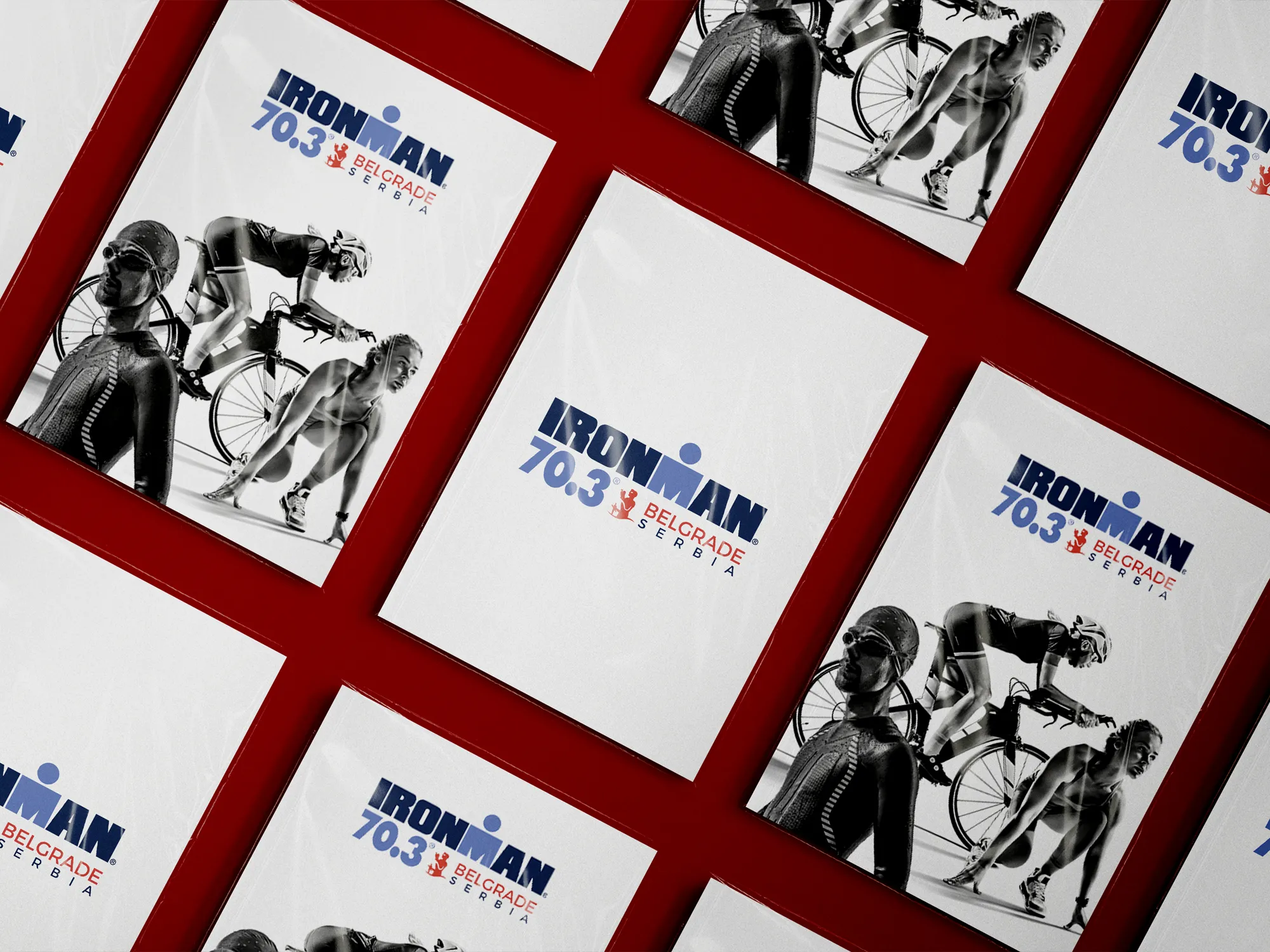 Prikaz kreativnih rešenja i logotipa za Ironman 70.3 Belgrade, triatlon takmičenje, prvi put održano u Beogradu 2024