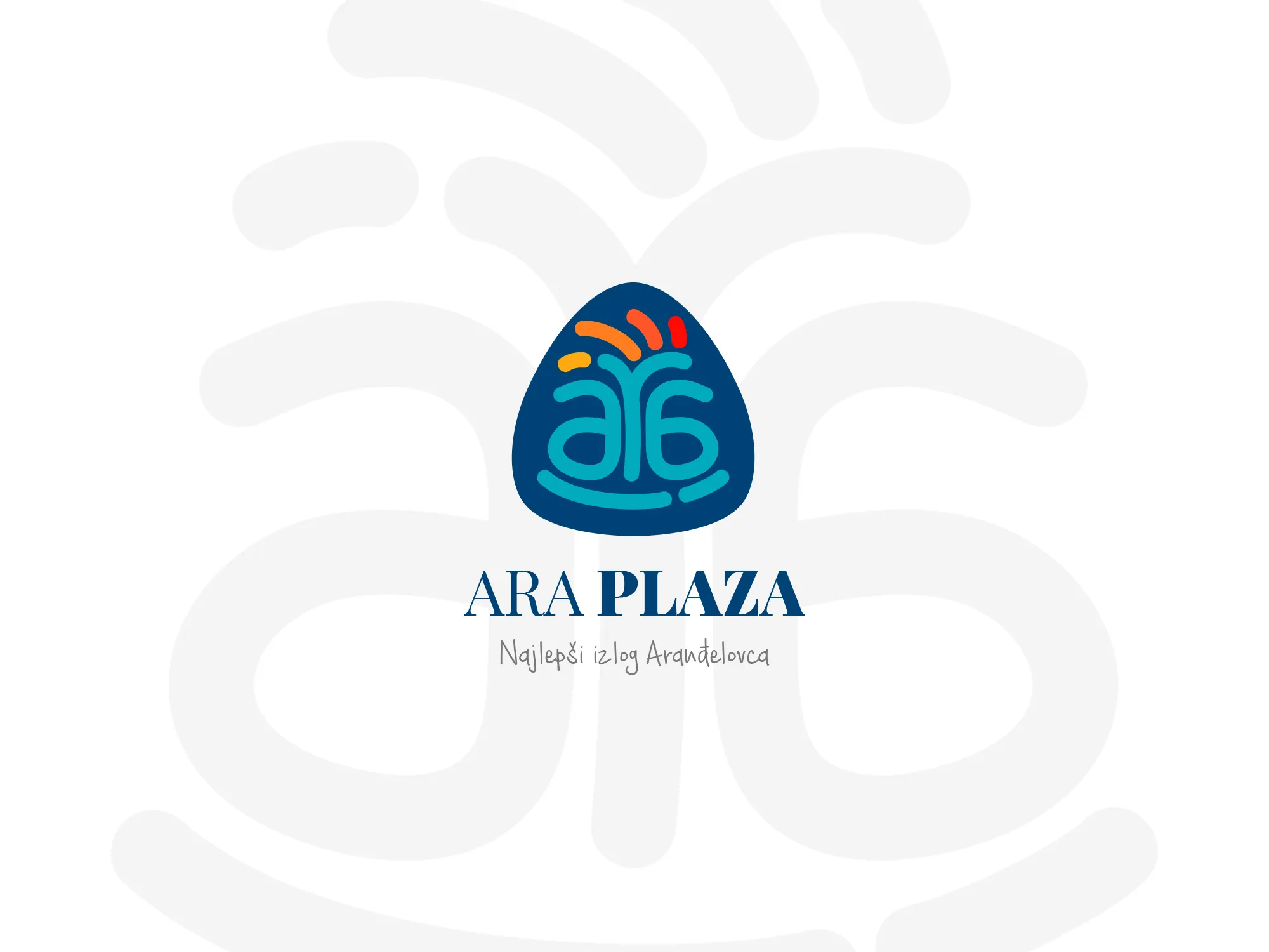 Ara Plaza logo sa sloganom "Najlepši izlog Aranđelovca" na svetloj pozadini sa teksturom od piktograma Ara