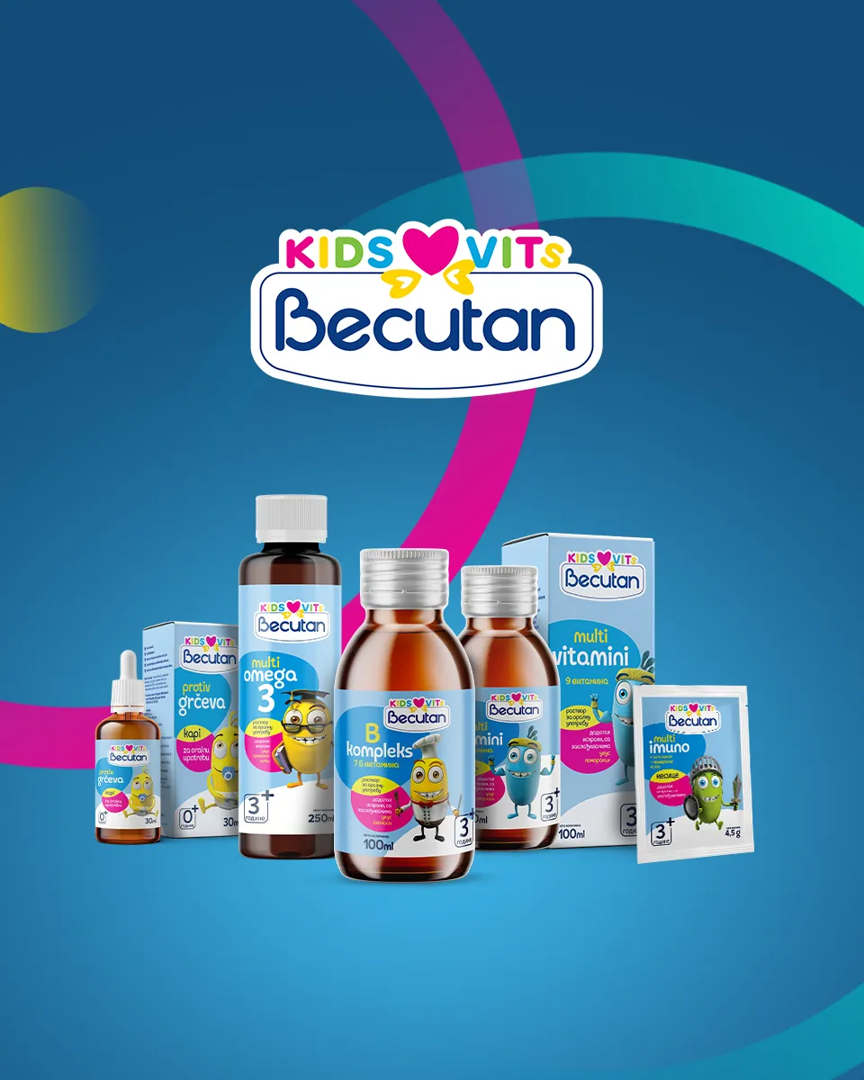 Prikaz svih Becutan KIDS VITS suplemenata za decu na plavoj pozadini