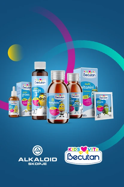 Ceo asortiman suplemenata za decu Becutan KIDS VITS na plavoj pozadini sa tirkiznim, ciklama i žutim krugovima