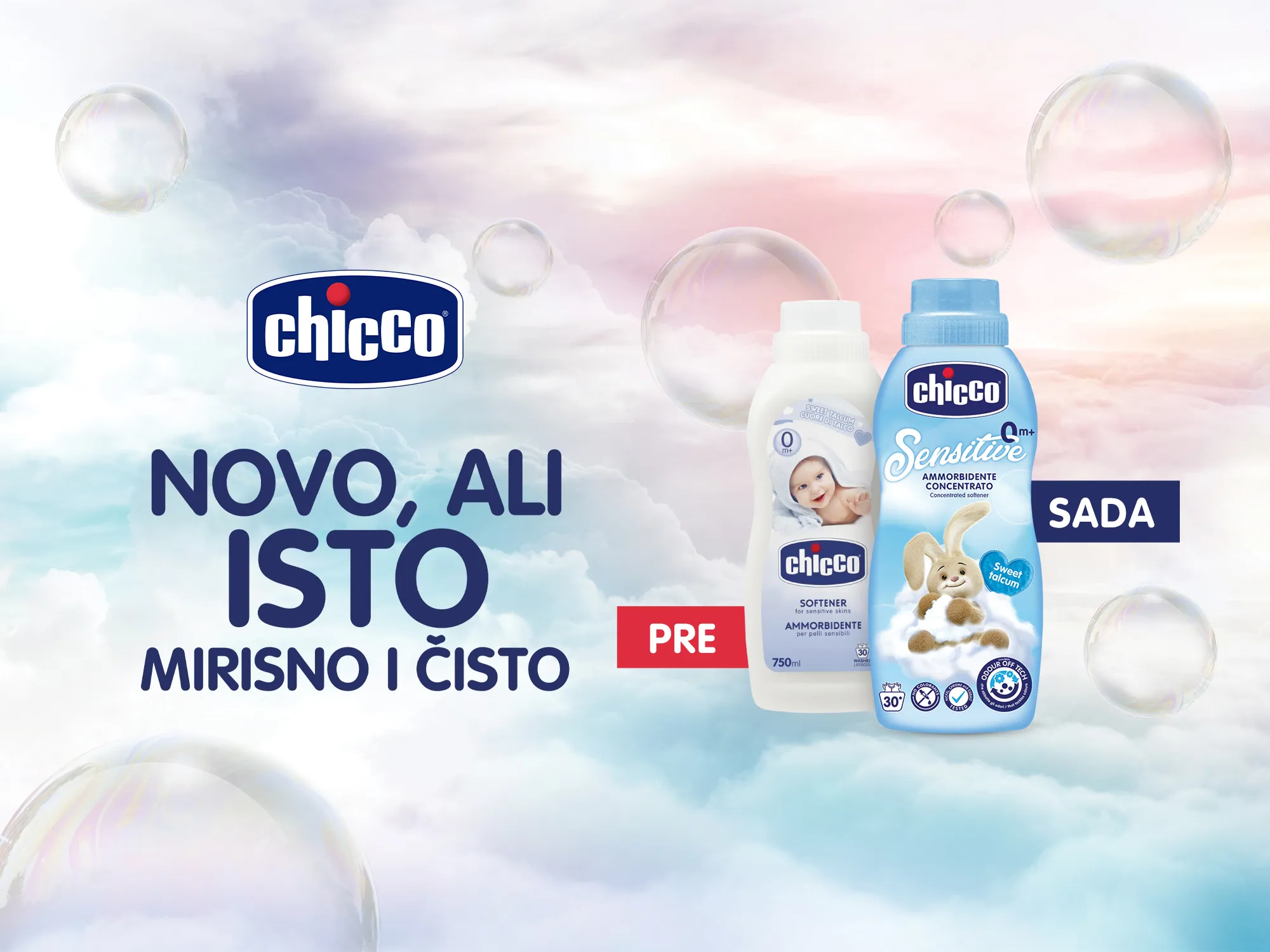 Kreativno rešenje za Chicco redizajn pakovanja uz ispis Novo, ali isto, mirisno i čisto