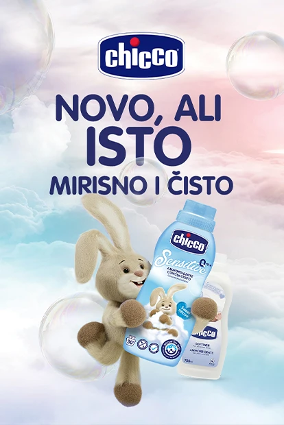 Pastelno roze i plava pozadina sa antropomofrnim zecom koji drži pakovanje Chicco deterdženta za veš