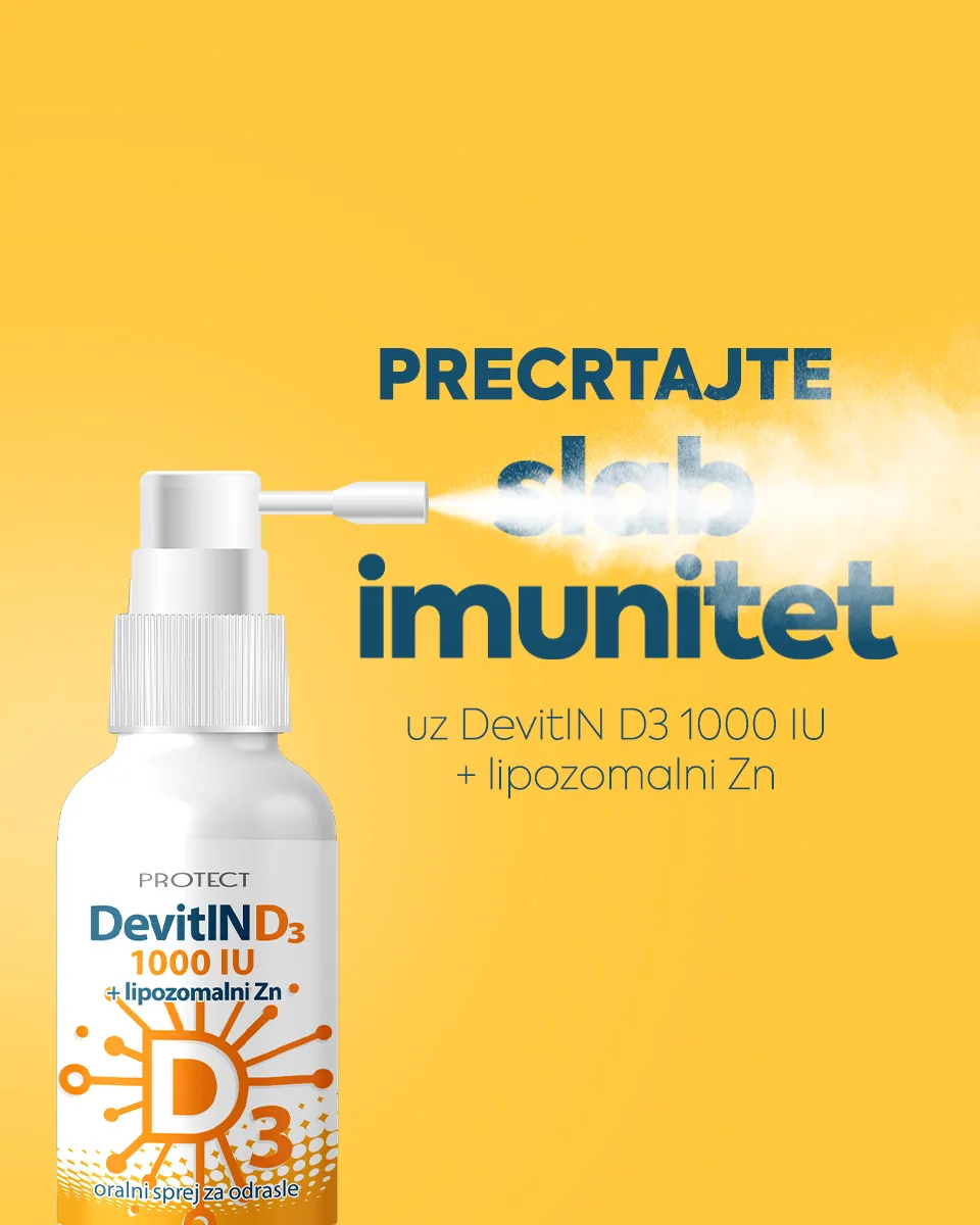 Esensa Devitin sprej sa vitaminom D na žutoj pozadini uz ispis Precrtajte slab imunitet