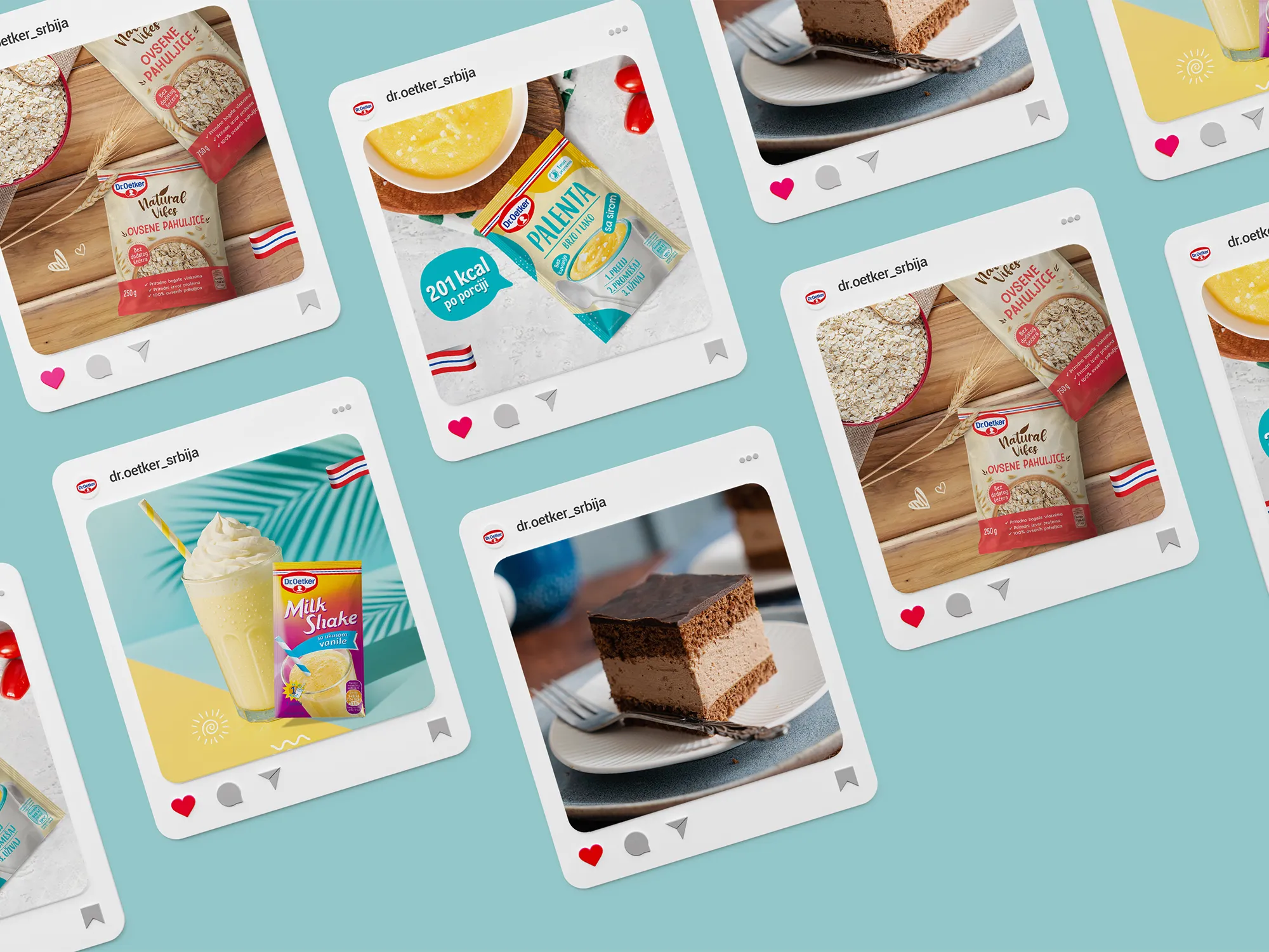 Na svetloj plavoj pozadini su ukoso postavljeni prikazi Instagram objava stranice Dr. Oetker Srbija