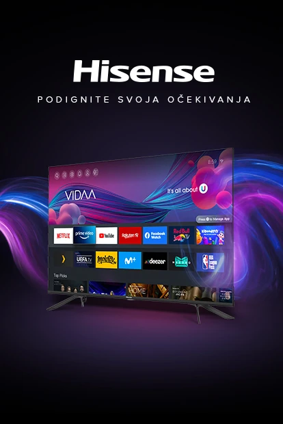 Crno-ljubičasta apstraktna pozadina u središtu koje je Hisense televizor, a na ekranu se vide aplikacije smart TV uređaja