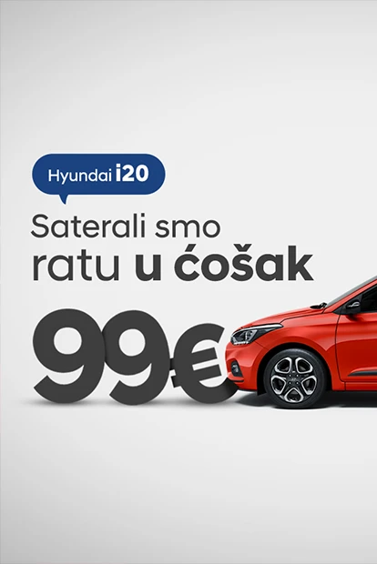 Svetlo siva pozadina sa bočnim prikazom crvenog automobila koji farovima dodiruje sivi ispis Saterali smo ratu u ćošak