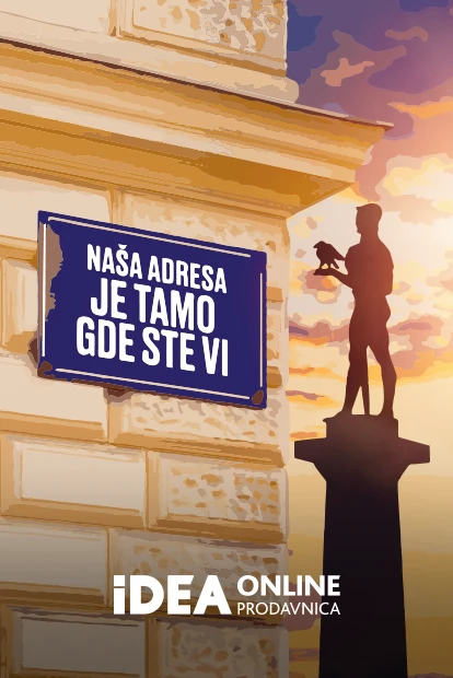 Žuta fasada sa uličnom tablom na kojoj piše "Naša adresa je tamo gde ste vi" i spomenikom Pobednik u pozadini