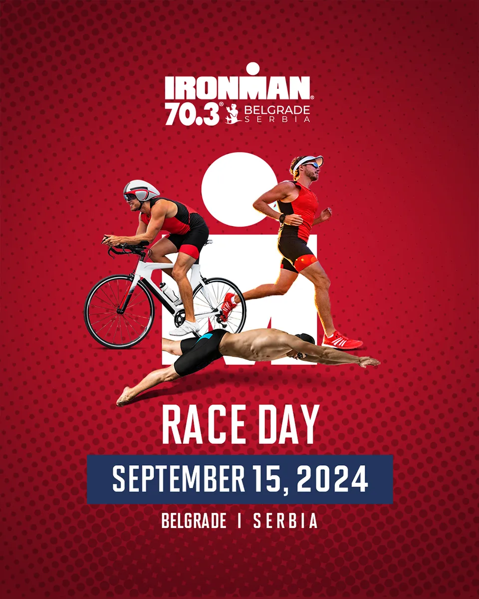 Fotografija bicikliste, plivača i trkača sa najavom prve triatlon trke Ironman 70.3 u Beogradu 2024. godine
