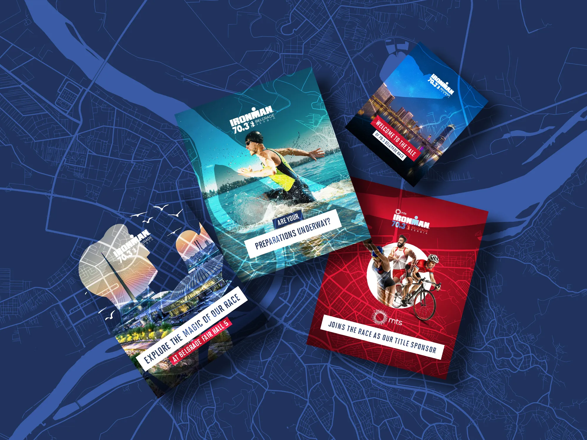 Prikaz kreativnih rešenja za društvene mreže Ironman Serbia stranice na plavoj mapi Beograda