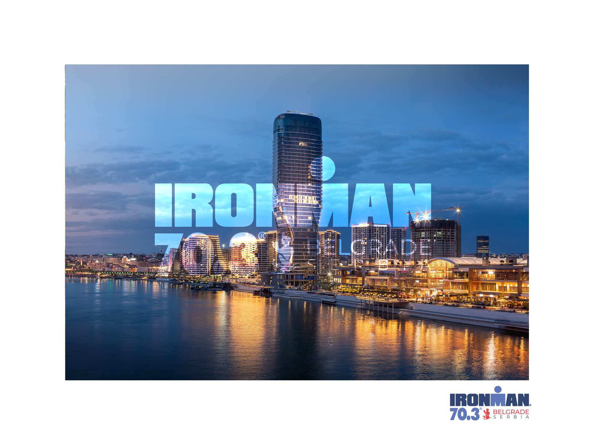 Panorama Beograda na vodi u sumrak sa prikazom kule, reke Save i logotipom Ironman 70.3 Belgrade, održanim prvi put u Beogradu 2024