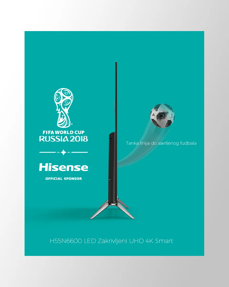 Hisense televizor prikazan bočno uz poruku o sponzorstvu Svetskog prvenstva u fudbalu 2018. godine