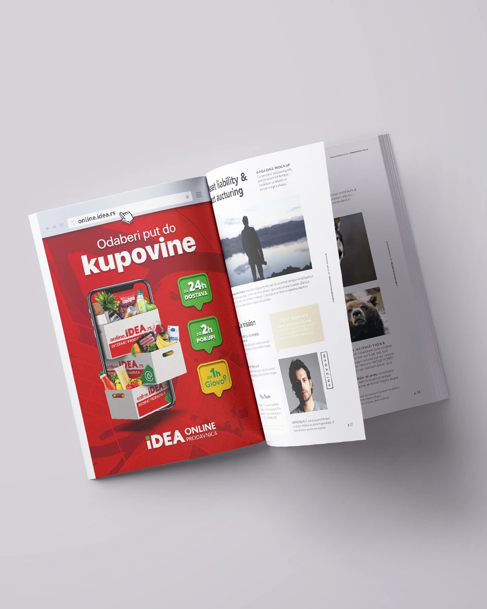 Oglas u časopisu preko cele strane za kampanju Odaberi put do kupovine za IDEA online 