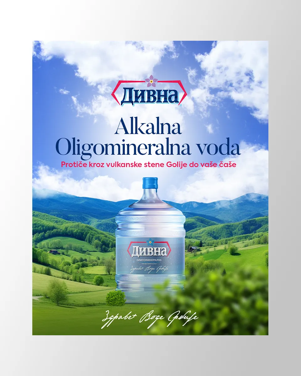Kreativno rešenje za Divna voda društvene mreže sa prikazom balona oligomineralne vode u sunčanoj kotlini punoj zelenila