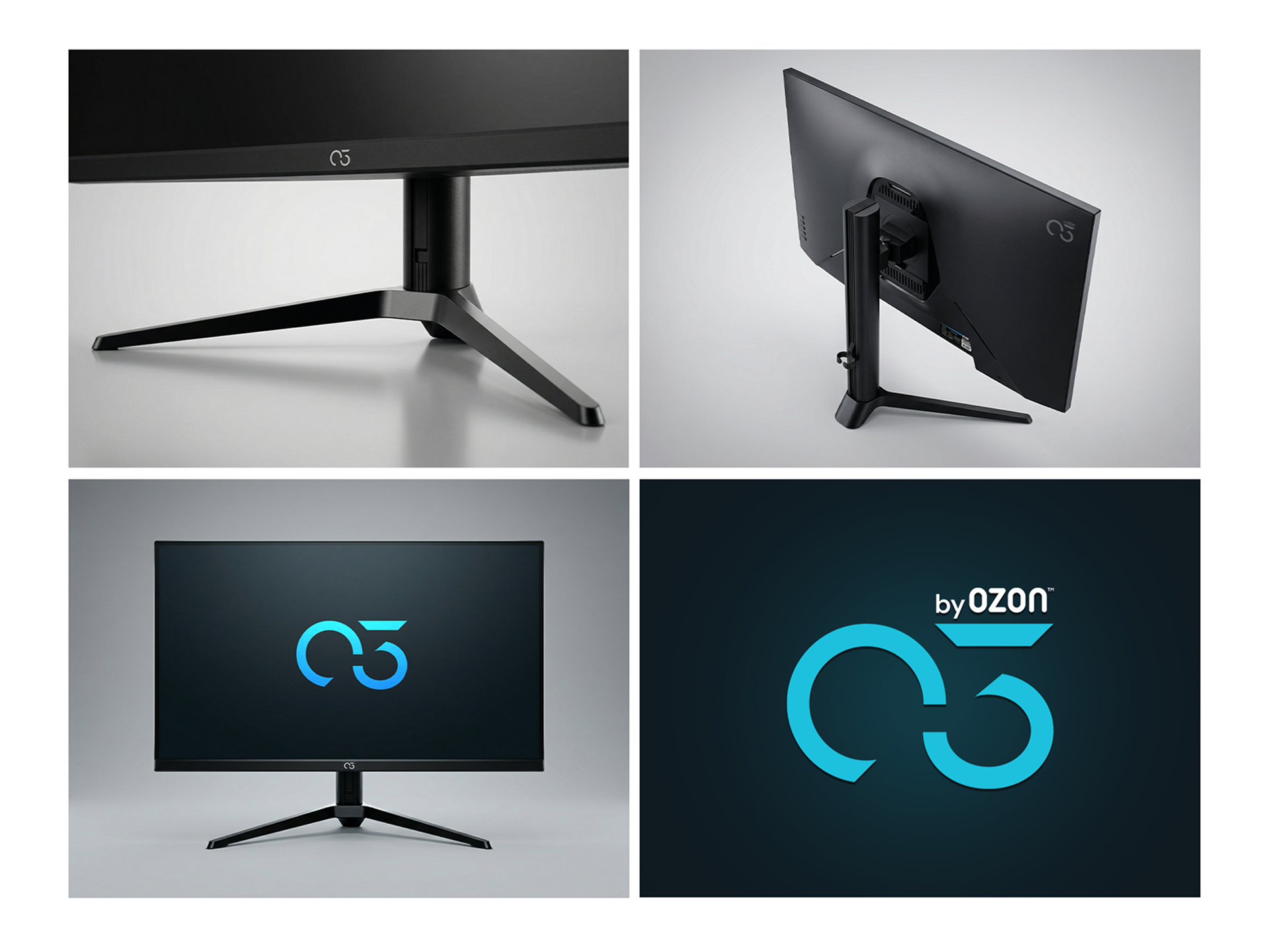 Monitori OZON podbrenda O3 prikazani iz različitih uglova u 4 fotografije sa O3 logotipom