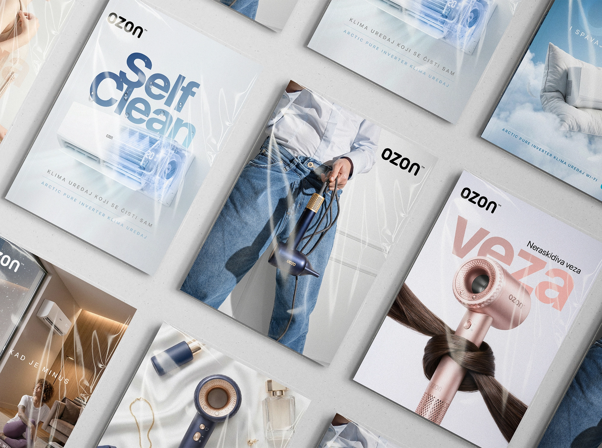 Kreativni prikaz objava za društvene mreže OZON brenda, sa fotografijama i dizajniranim materijalima