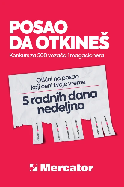 Beli papir oglasa za posao na crvenoj pozadini, sa ispisom "Posao da oktineš" i "5 radnih dana nedeljno"