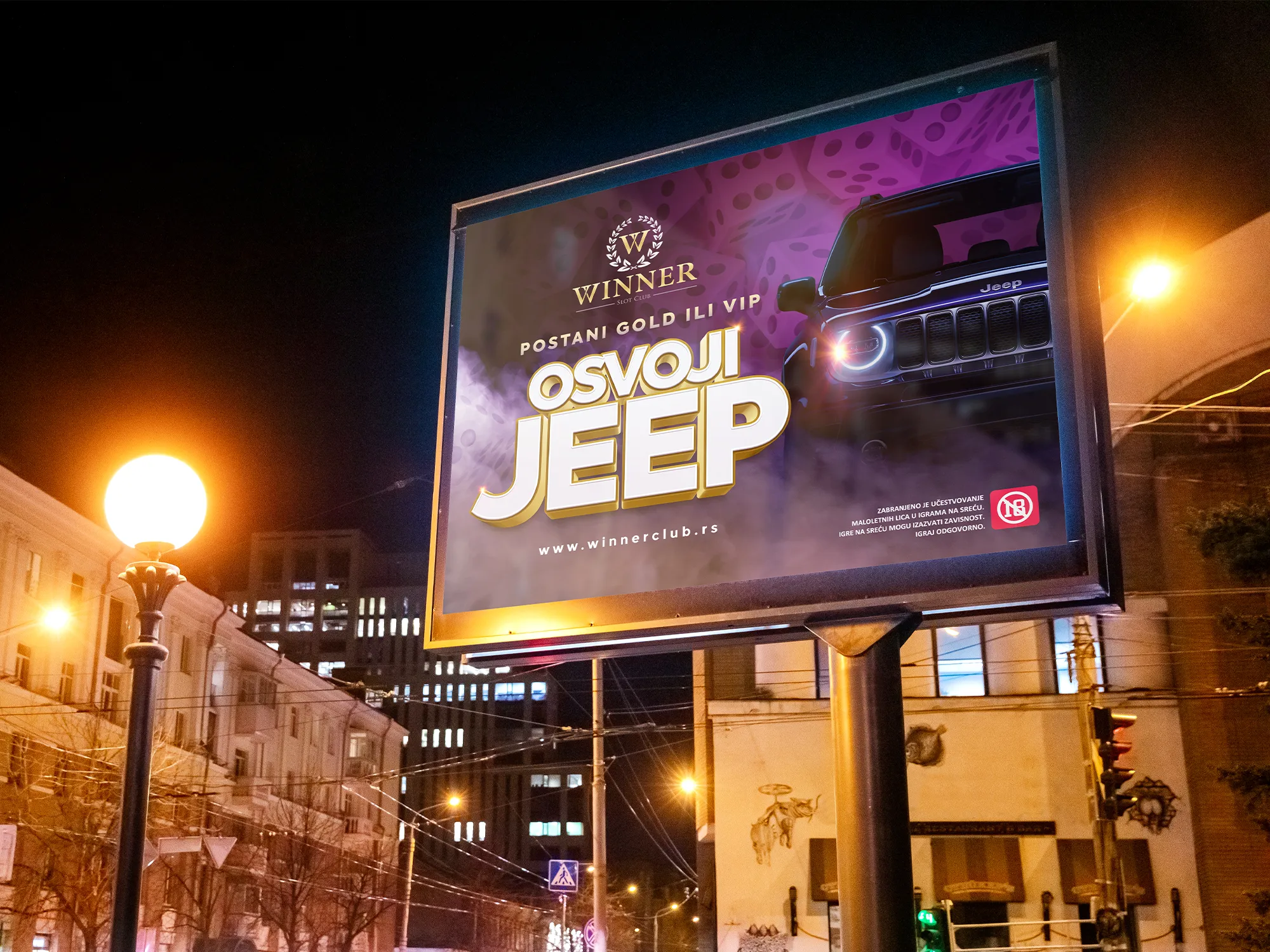 Prikaz bilborda na ulicama Beograda za Winner Slot Club nagradnu igru uz ispis Postani Gold ili Vip i osvoji Jeep