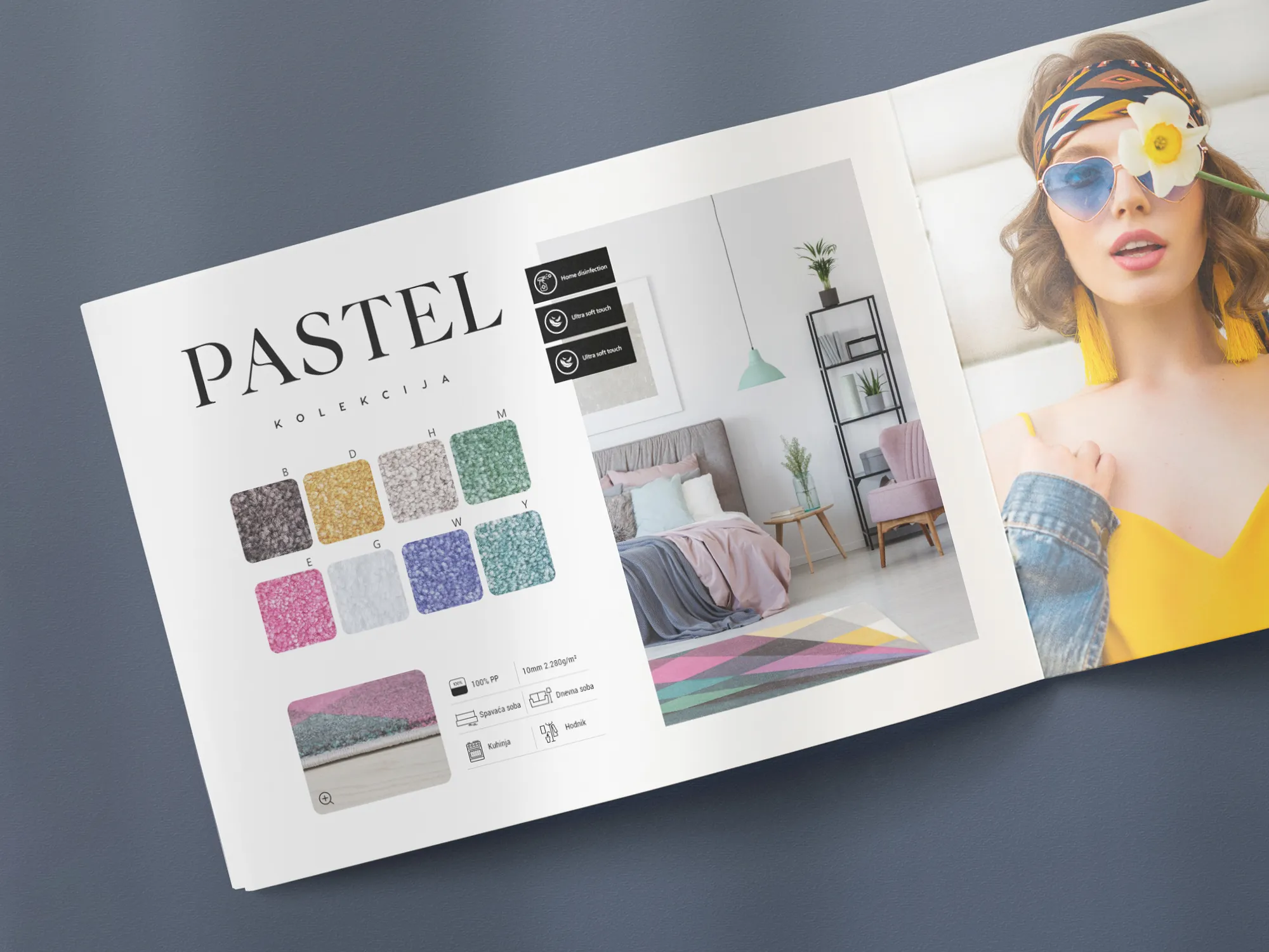 Otvorena strana Sintelon kataloga sa prikazom kolekcije Pastel i dostupnih boja tepiha
