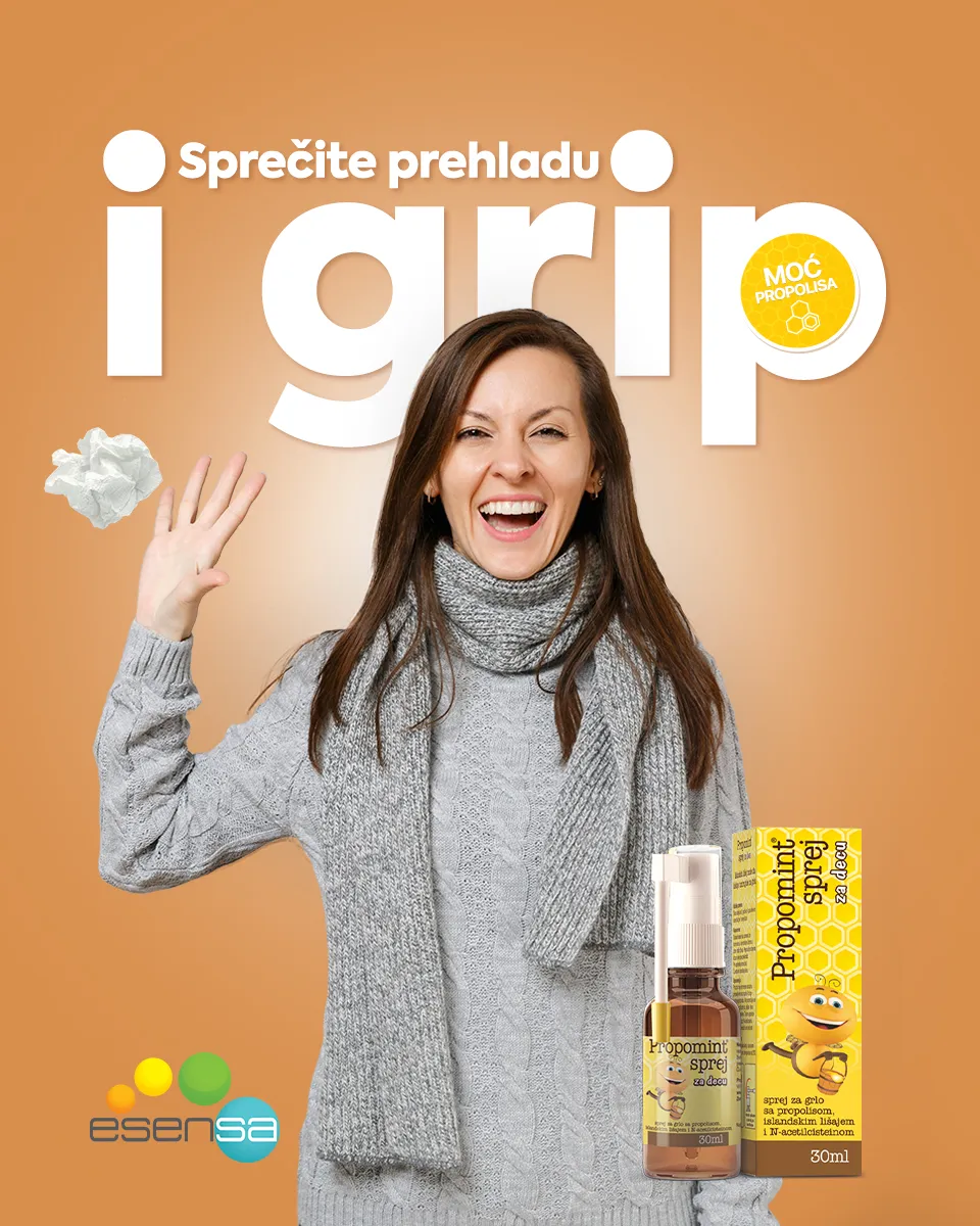 Nasmejana žena u džemperu baca papirnu maramicu uz prikaz Propomint spreja i ispis Sprečite prehladu i grip