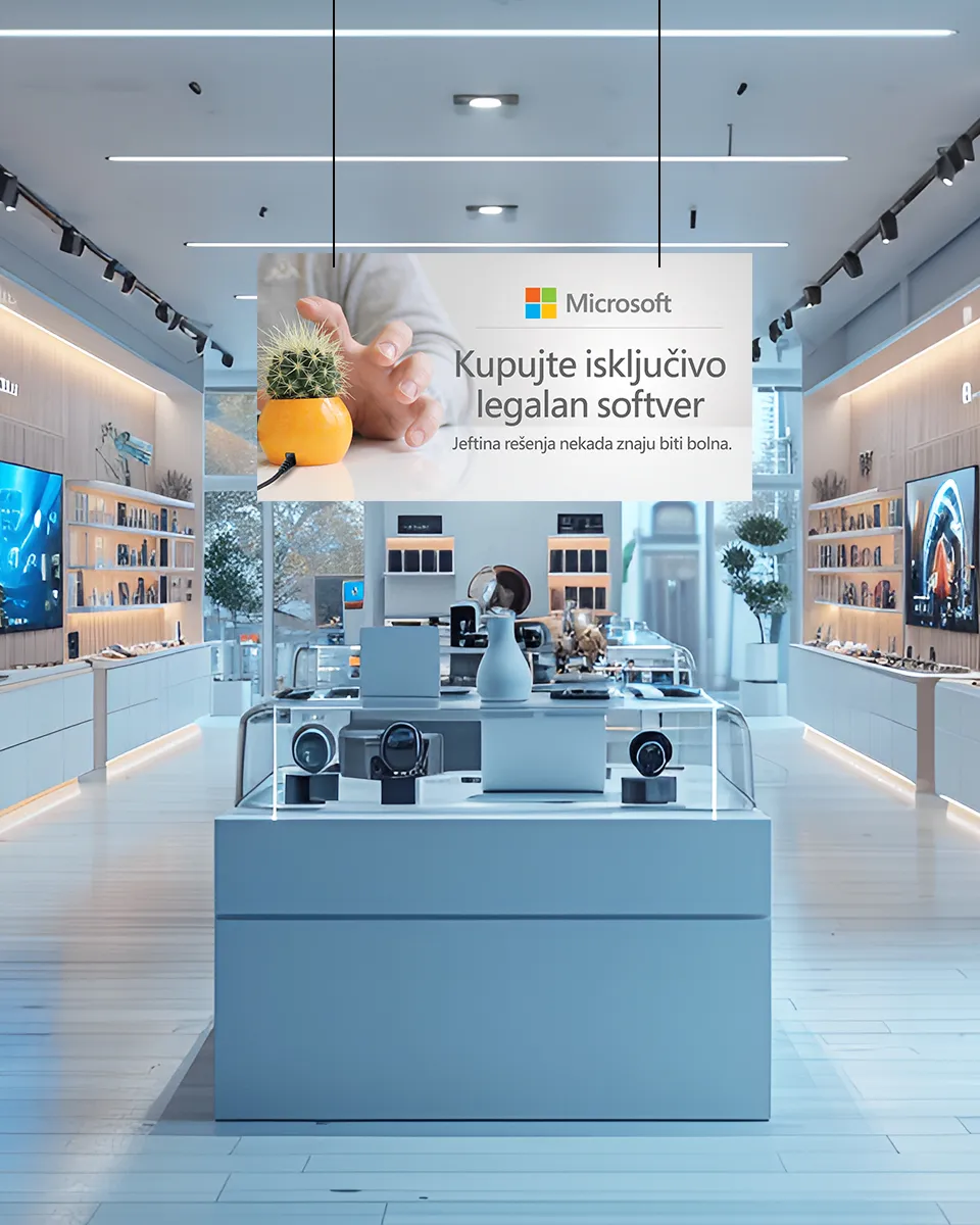Prikaz prodavnice računarske opreme sa visilicom na kojoj je kreativno rešenje za Microsoft anti-piracy kampanju