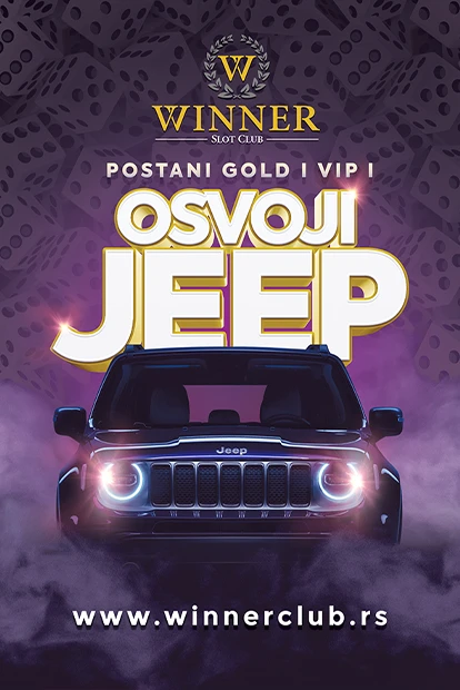 Ljubičasta pozadina sa crno-belim kockicama i čeonim prikazom automobila uz ispis Postani Gold ili Vip, osvoji Jeep