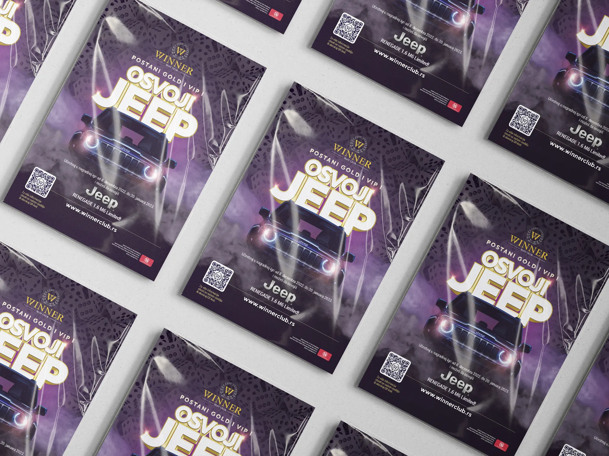 Prikaz multipliciranog kreativnog rešenja za nagradnu igru Winner Slot Club Osvoji Jeep